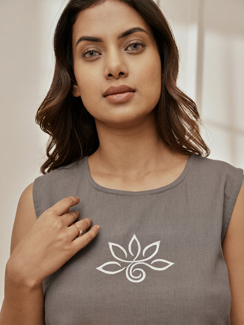 Women's Grey Embroidered Yoga Kurta With White Dhoti Pants